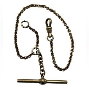 JFSS Victorian gold tone Albert pocket watch chain w dog clip and t bar vintage